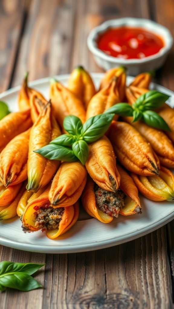 Fried stuffed zucchini flowers on a plate with basil and marinara sauce.